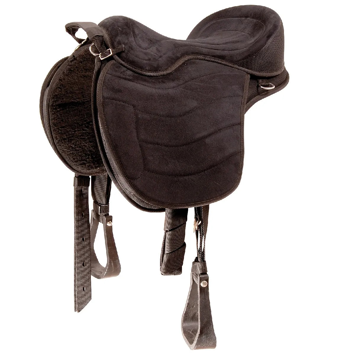 Cashel G2 Soft Saddle in black, a premium treeless horse saddle designed for ultimate comfort and close contact. Features a padded microfiber seat, built-in pommel handle, and adjustable stirrup straps. This lightweight, fleece-lined bareback-style saddle includes D-rings for attaching trail gear, making it an ideal choice for endurance and casual trail riding. Sleek, ergonomic design provides a secure and comfortable ride for both horse and rider.