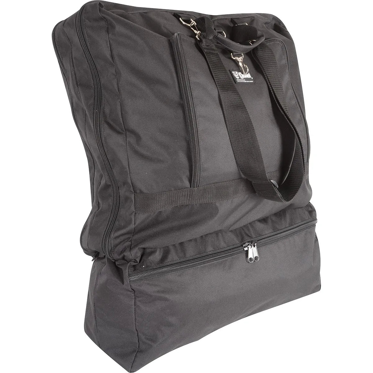 Cashel Hay & Gear Bag in black, the ultimate equestrian organizer for horse trailers and stables. This heavy-duty nylon bag features multiple zippered compartments, adjustable shoulder straps, and sturdy metal swivel hooks. Effortlessly carry hay and horse riding gear in one durable, multi-functional tote. Ideal for organized horse travel, equestrian shows, and daily barn storage.