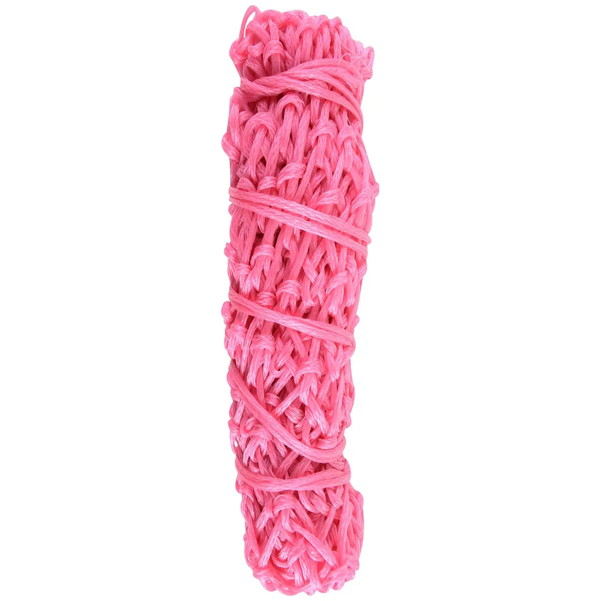 Bright pink Cashel Hay Net, a slow feeder for horses designed to reduce hay waste and promote healthy eating habits. This durable, braided mesh equestrian accessory is shown bundled, highlighting its vibrant color. Ideal for use in horse stalls or trailers to keep hay off the ground and extend feeding time.