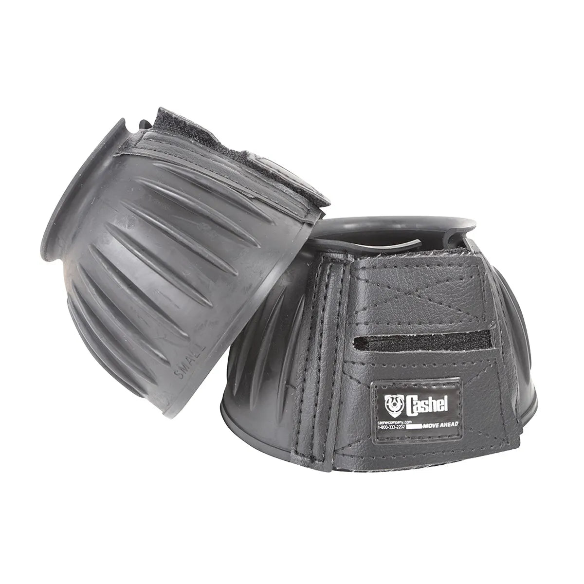 Cashel Heavy Duty Black Horse Bell Boots for maximum hoof protection. These durable, ribbed rubber bell boots feature a secure double-hook and loop closure to prevent overreaching and impact injuries. High-quality equestrian gear for training, turnout, and riding, these boots provide reliable hoof defense in a sleek, professional black finish.