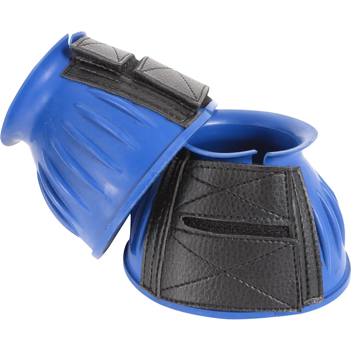 Cashel Heavy Duty Horse Bell Boots in bright blue feature a durable, ribbed design for superior hoof protection. These colorful bell boots include secure black hook-and-loop closures to prevent overreaching injuries during riding, training, or turnout. High-quality equine tack providing a comfortable and adjustable fit, these blue bell boots are essential gear for any horse owner looking for reliable and stylish hoof protection.