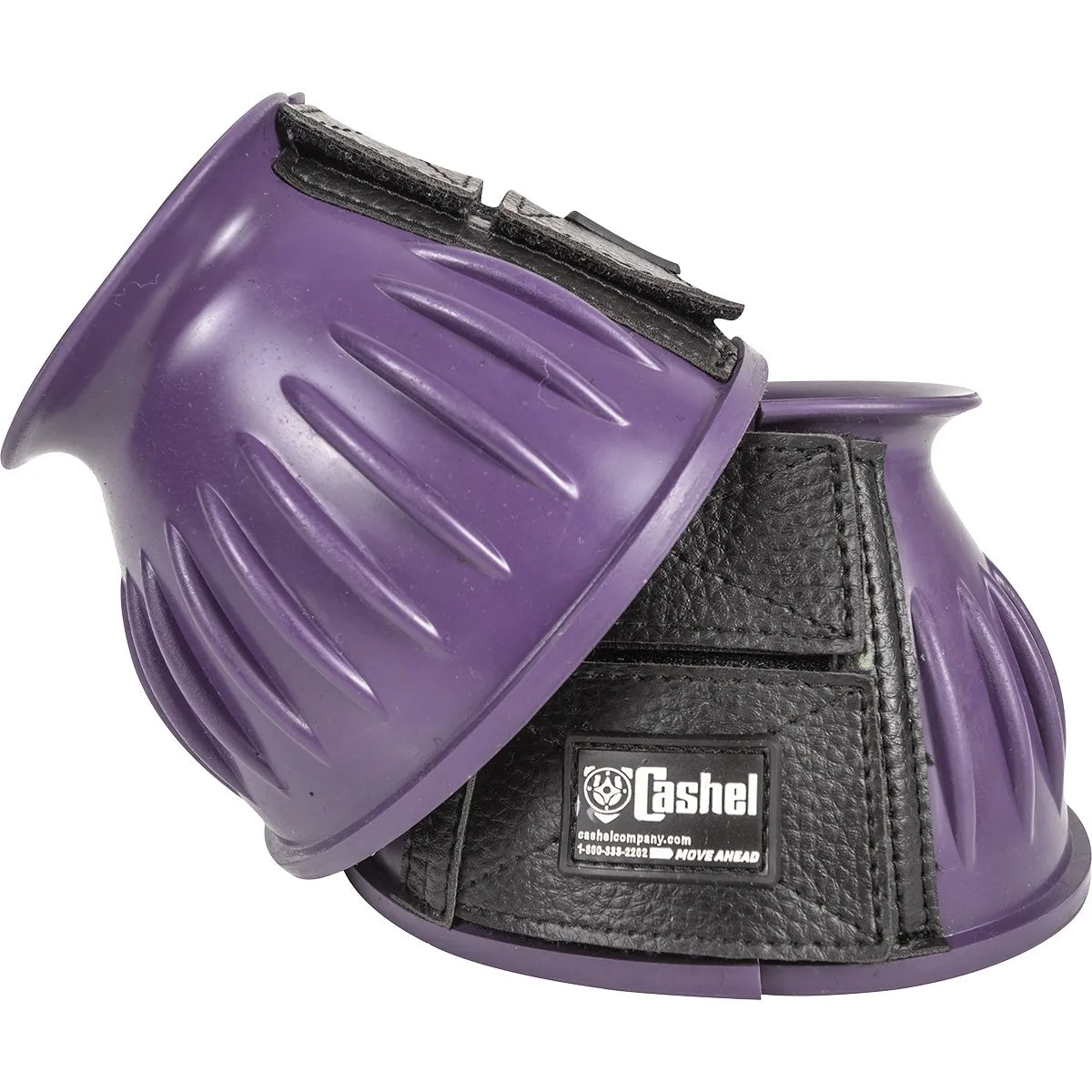 Cashel Heavy Duty Horse Bell Boots in vibrant purple, featuring a durable ribbed rubber design for superior hoof protection. These equestrian bell boots include wide, textured black hook-and-loop closures for a secure fit and the Cashel logo patch. Ideal for preventing overreach injuries, these plum-colored boots combine style and strength for everyday horse riding or training.