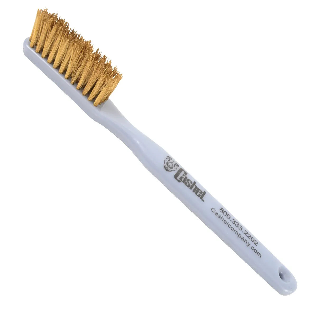 Cashel Hook & Loop Cleaning Brush with a light gray plastic handle and stiff brass bristles. This essential horse tack cleaning tool effectively removes dirt, hair, and lint from hook and loop fasteners on equine leg boots, wraps, and blankets. Designed for durability with a comfortable grip, the brush features the Cashel brand logo and a pre-drilled hole for easy hanging storage in any tack room.