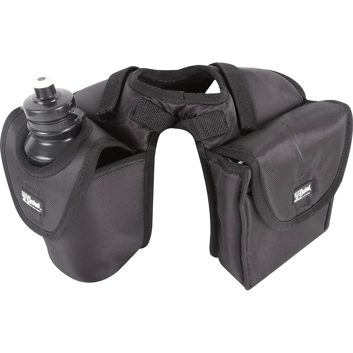 Cashel Horn Saddle Bag in black nylon, designed to fit over western saddle horns for trail riding. Includes a built-in water bottle holder with a black bottle and a spacious padded lunch compartment for snacks. This durable horseback riding accessory keeps essentials secure and accessible, making it perfect for day trips and long rides. High-quality trail gear for prepared riders looking for reliable horse saddle storage.