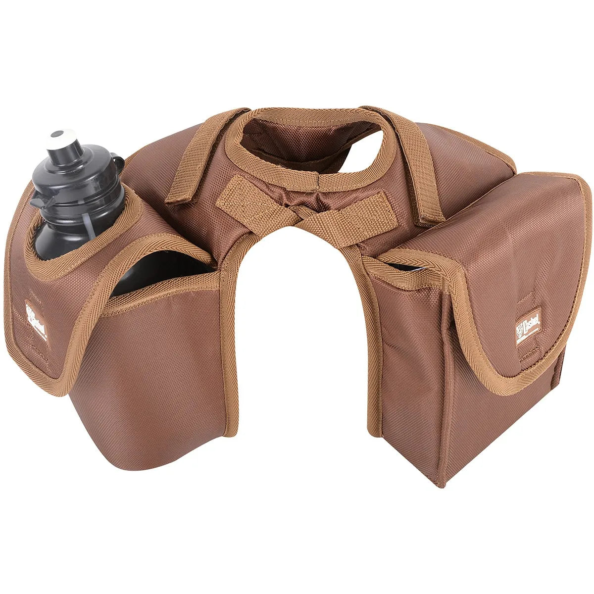 Durable brown Cashel Horn Saddle Bag for western trail riding. This pommel bag features a dedicated water bottle holder with an included black bottle and a large storage pouch with a secure flap for lunch or gear. Designed to fit easily over a saddle horn, it keeps trail essentials organized and accessible. High-quality horse tack perfect for long rides and outdoor adventures.