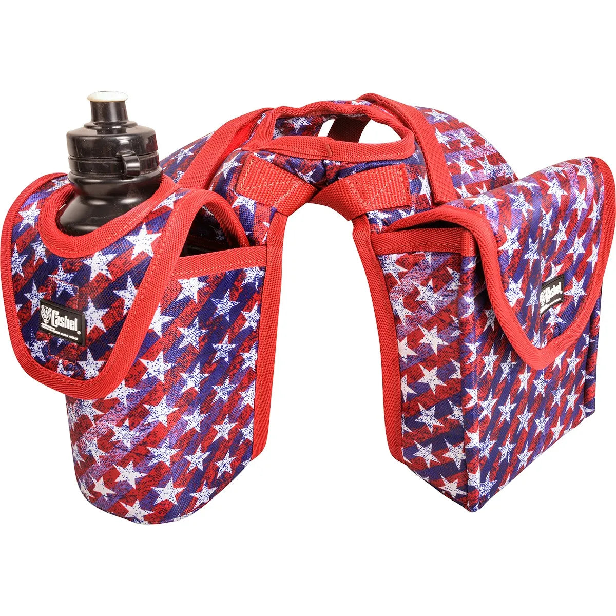 Cashel Horn Saddle Bag featuring a patriotic red, white, and blue stars and stripes design. This Western saddle accessory includes a black water bottle holder and an insulated lunch compartment for trail riding. Made of durable fabric with red trim, it fits securely over a horse saddle horn to keep gear organized and accessible. The ultimate equestrian gear for long trail rides and outdoor horse adventures.