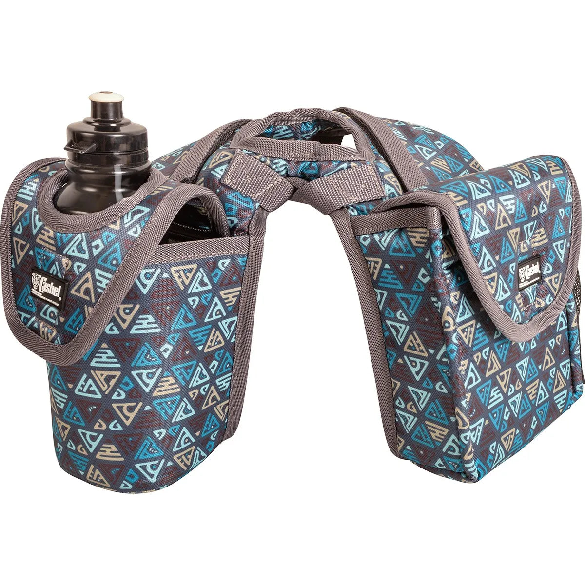 Cashel Horn Saddle Bag featuring a vibrant blue and teal geometric triangle pattern. This Western saddle horn bag includes a dedicated bottle holder with an included black water bottle and a spacious storage compartment for lunch or trail gear. Designed for durability with grey trim and an easy-fit opening for saddle horns, it is the perfect equestrian accessory for horseback riders staying organized and hydrated on long trail rides.