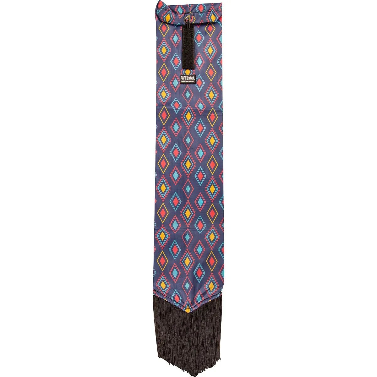 Cashel Horse Tail Bag Mesa featuring a vibrant southwestern geometric diamond pattern in red, yellow, and blue on navy blue fabric. This protective equestrian accessory includes a secure Velcro top closure and long black fringe at the bottom. Ideal for maintaining healthy, full horse tails by preventing breakage and keeping hair clean in the barn, trailer, or pasture.