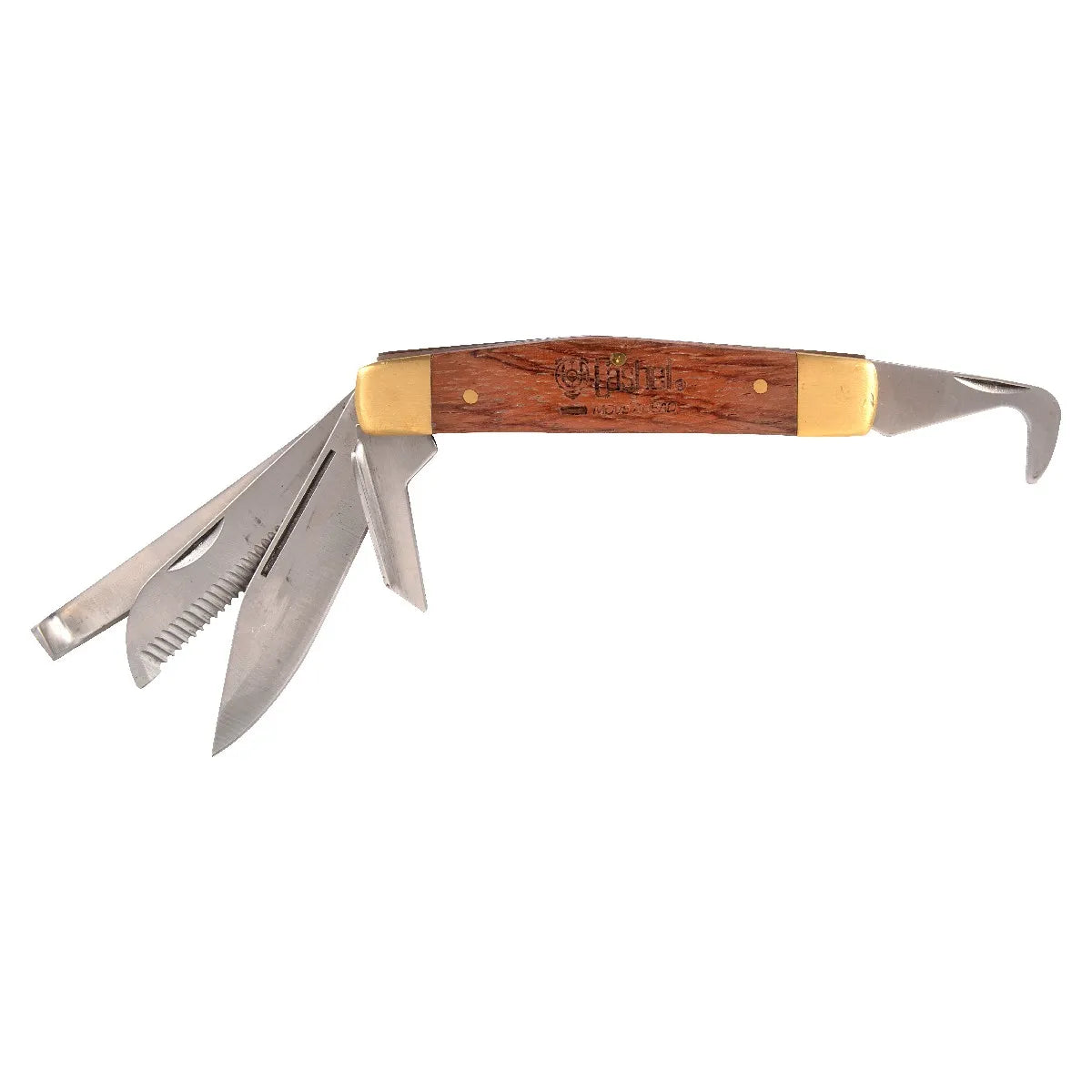 Cashel Horseman's Multi-Tool Knife featuring a durable wooden handle with brass accents and the Cashel logo. This versatile equestrian pocket knife includes an integrated hoof pick, serrated frog and bot knife, a sharp straight blade, and additional folding utility tools. Essential horse grooming and farrier equipment designed for daily barn use, horse grooming kits, and trail riding safety.