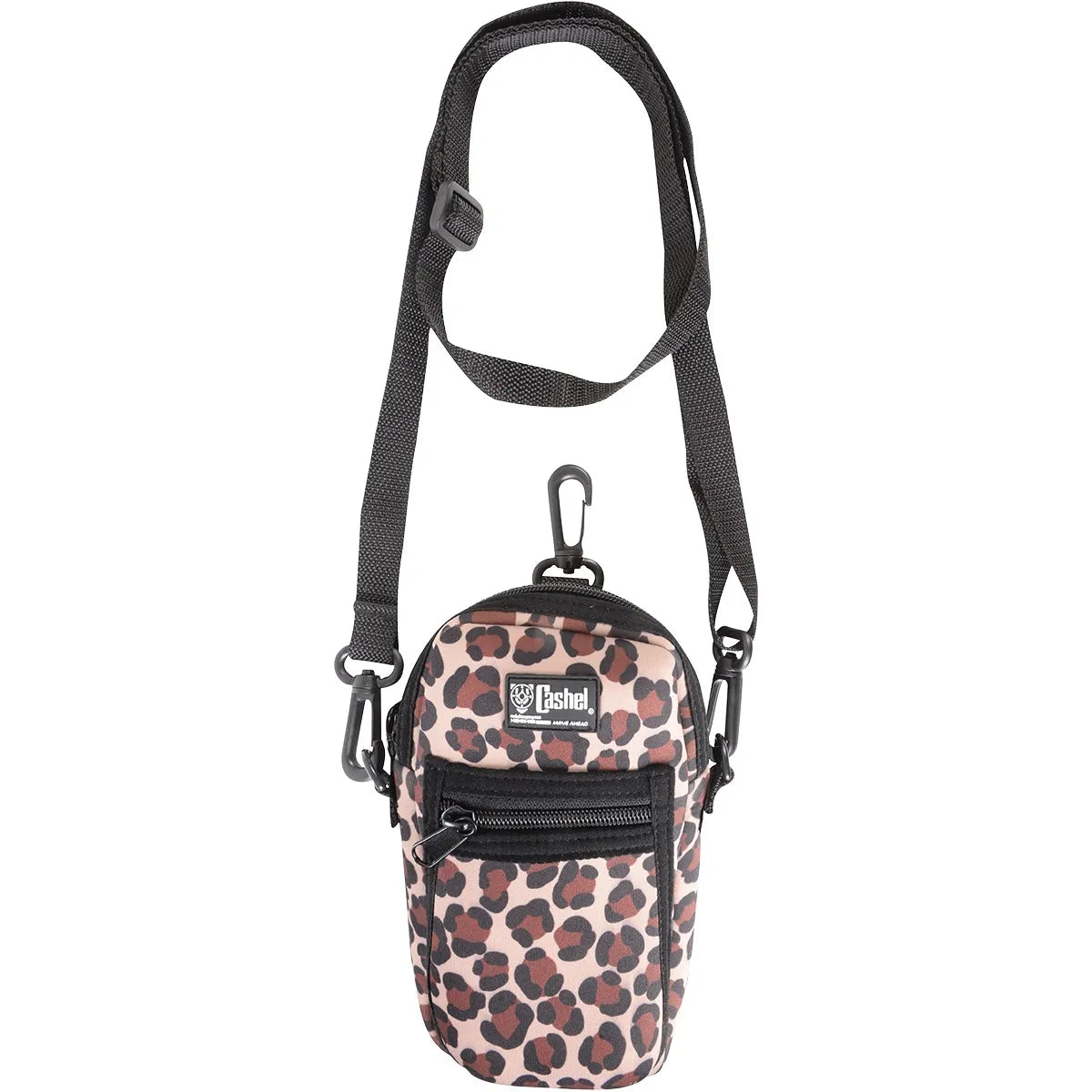 Cashel Leopard Print Phone Holder for Horseback Riding, featuring a stylish brown and black animal print on water-resistant fabric. This compact equestrian accessory includes a front zippered pocket, a black adjustable crossbody strap, and a top swivel clip for secure attachment to a saddle or belt. A functional and trendy phone pouch perfect for trail riding, horse shows, or everyday use.