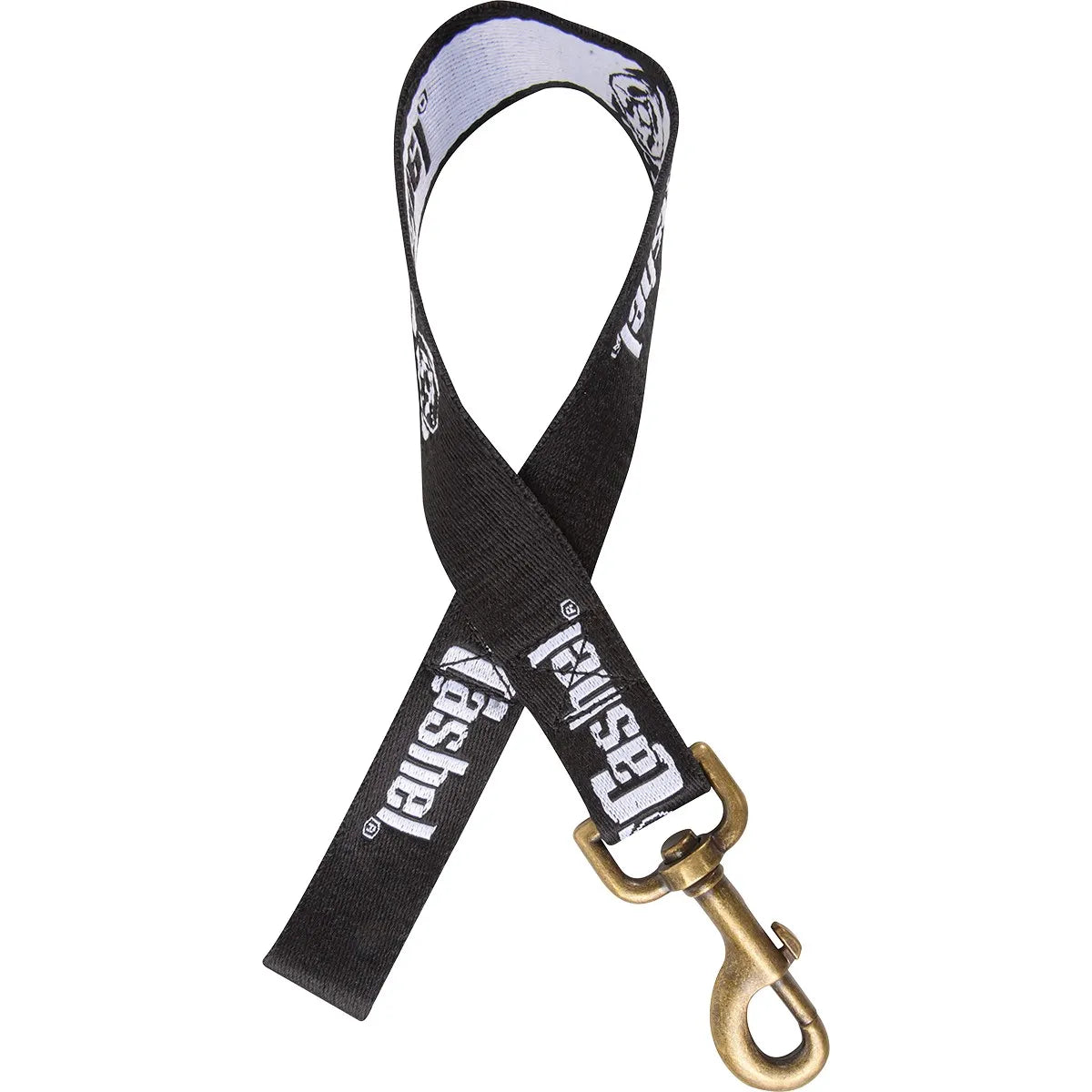 Cashel Loop-De-Loo hanging bucket strap featuring durable black nylon webbing with white logo branding. This essential stable management tool includes a heavy-duty antique brass swivel snap hook for securely hanging water and feed buckets in horse stalls or trailers. A reliable, high-quality equestrian accessory designed to simplify stall organization and keep gear secure.