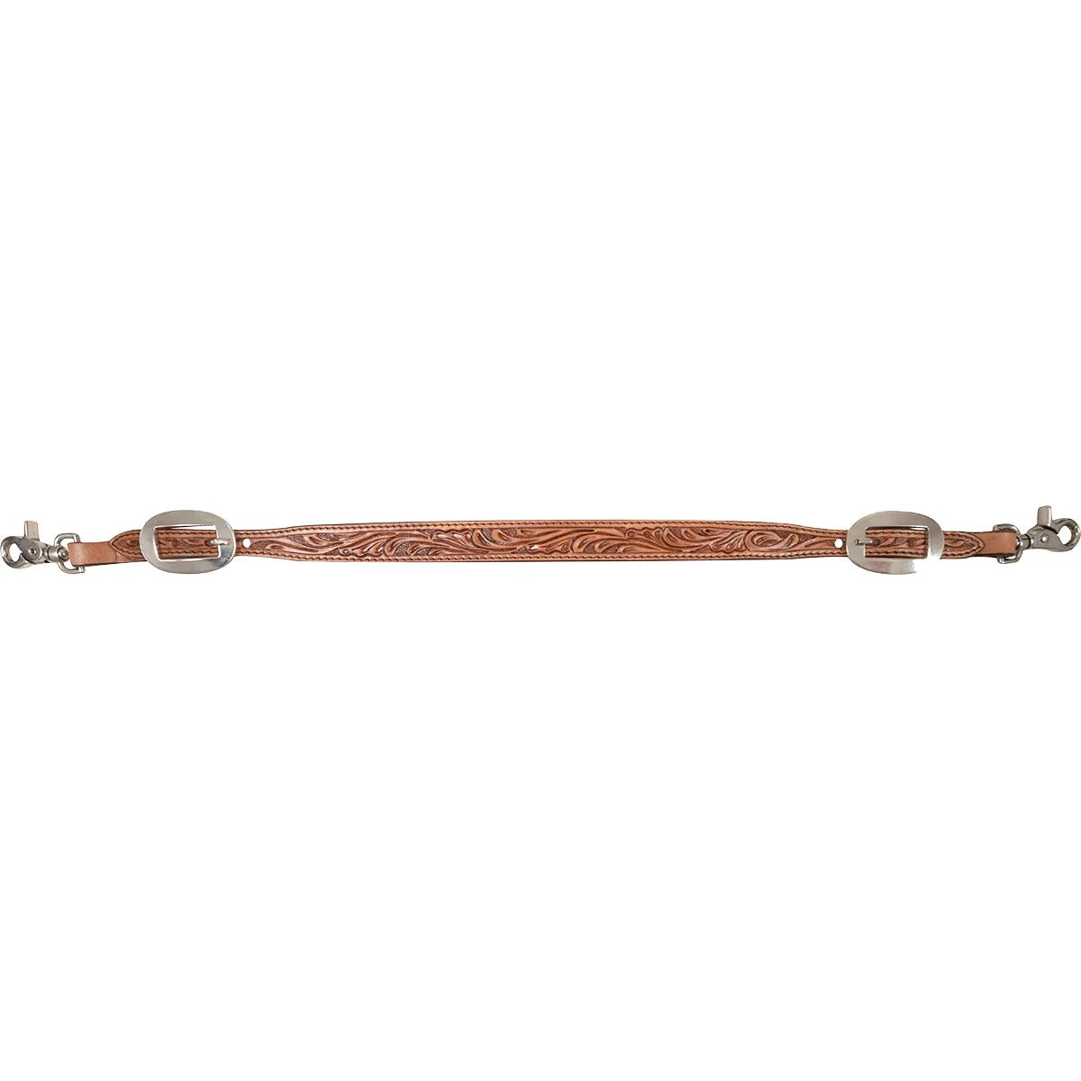 Cashel Natural Floral Tooled Leather Wither Strap, a classic western horse tack accessory. Features detailed hand-tooled floral engravings on natural tan leather with two polished silver-toned oval buckles and metal swivel snap hooks on both ends for easy attachment. Ideal for horse owners looking for stylish and functional western equestrian gear.