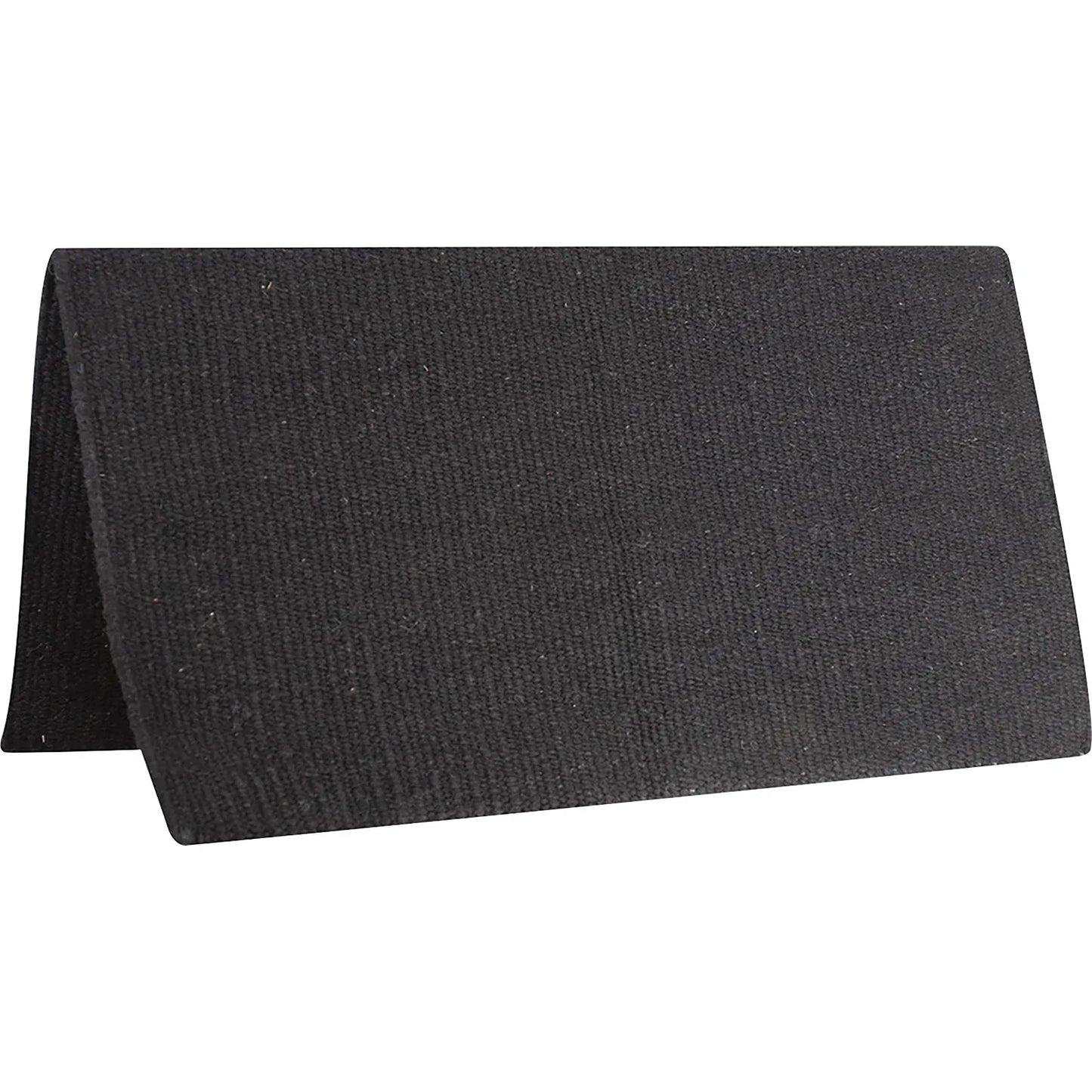 Cashel Navajo Saddle Blanket in solid black, 30-inch x 31-inch. This high-quality Western saddle pad features a durable, tightly woven texture designed for horse comfort and protection. Folded to display its premium weave, this classic equestrian gear is perfect for everyday riding, ranch work, or layering under a work pad for a clean, professional look in the arena.