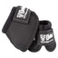 Pair of black Cashel No Turn Bell Boots featuring a durable outer shell and a shock-absorbing neoprene interior for horse hoof protection. Designed with a secure hook-and-loop closure and a no-turn knob to prevent shifting during riding or turnout. These heavy-duty equestrian bell boots provide excellent overreach protection with the stylish white Cashel logo and "Move Ahead" branding on the front straps.
