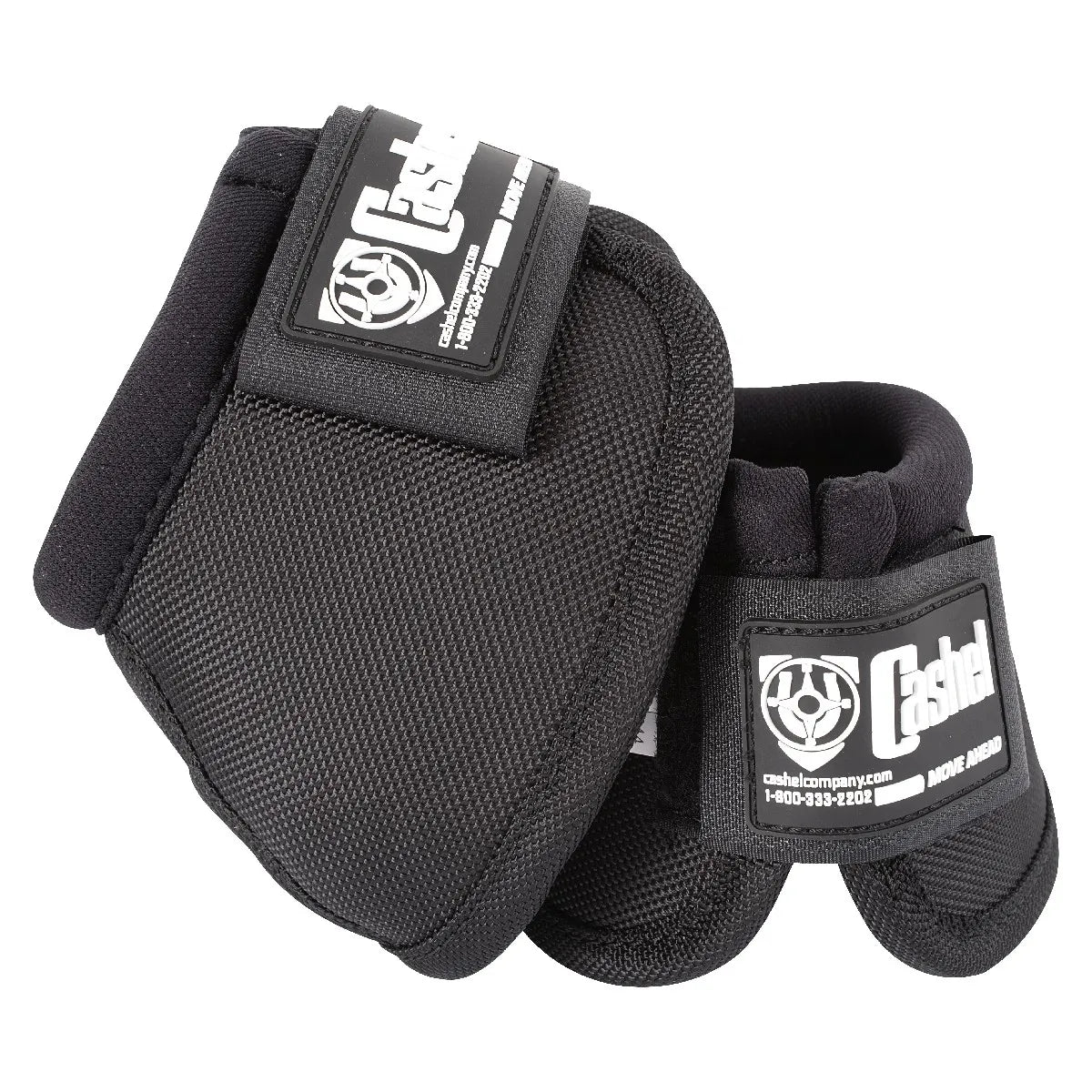 Cashel Black No-Turn Bell Boots for horse hoof protection. These durable, ballistic nylon equestrian boots feature a contoured design to prevent spinning and heavy-duty Velcro straps for a secure fit. The textured black finish includes the iconic Cashel "Move Ahead" logo. Essential horse gear for jumping, training, and turnout to prevent overreach injuries.