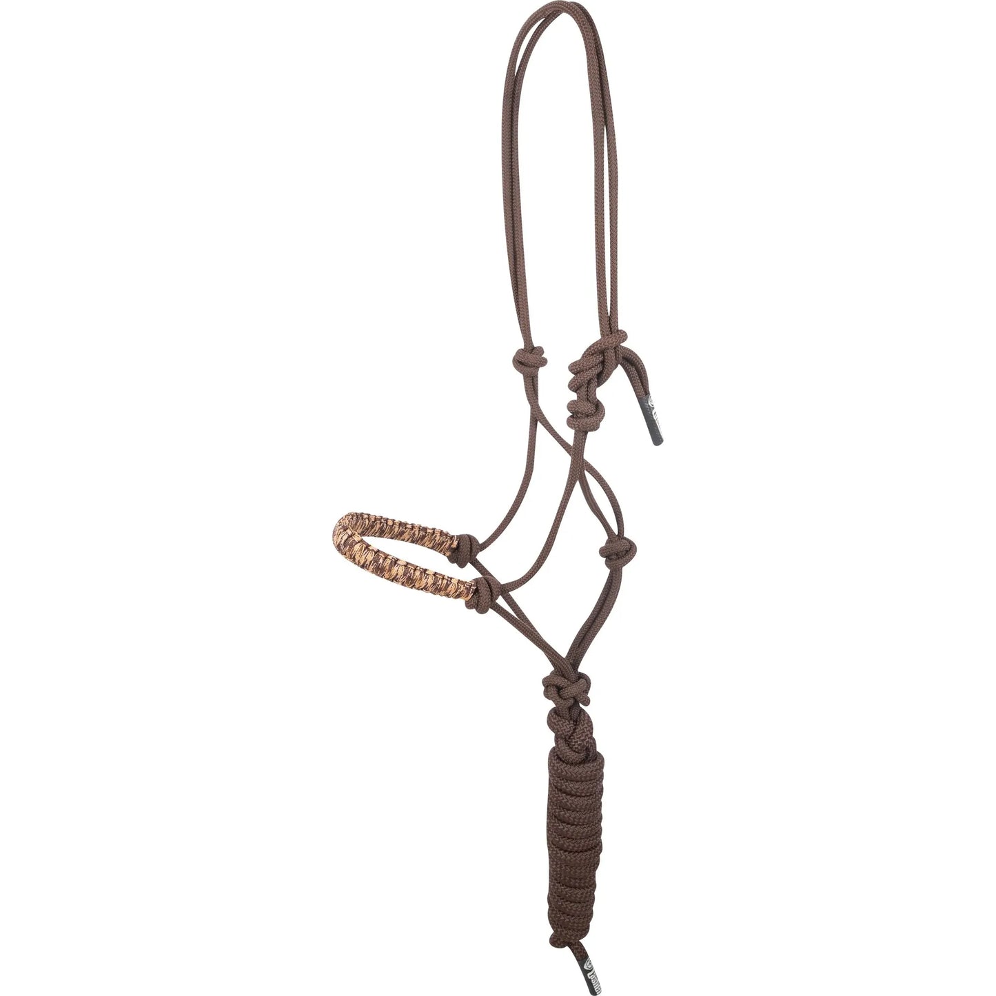 Cashel Paracord Rope Nose Halter in Brown Camo with integrated 8' lead rope. This weather-resistant horse halter features a durable brown rope construction and a stylish braided paracord noseband. Its professional knotted design ensures a secure fit, making it a must-have for training, trail riding, and daily equestrian care. High-quality horse tack combining rugged function and classic western style.