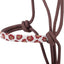 Bracelet with red and white pattern on a brown cord against a white background