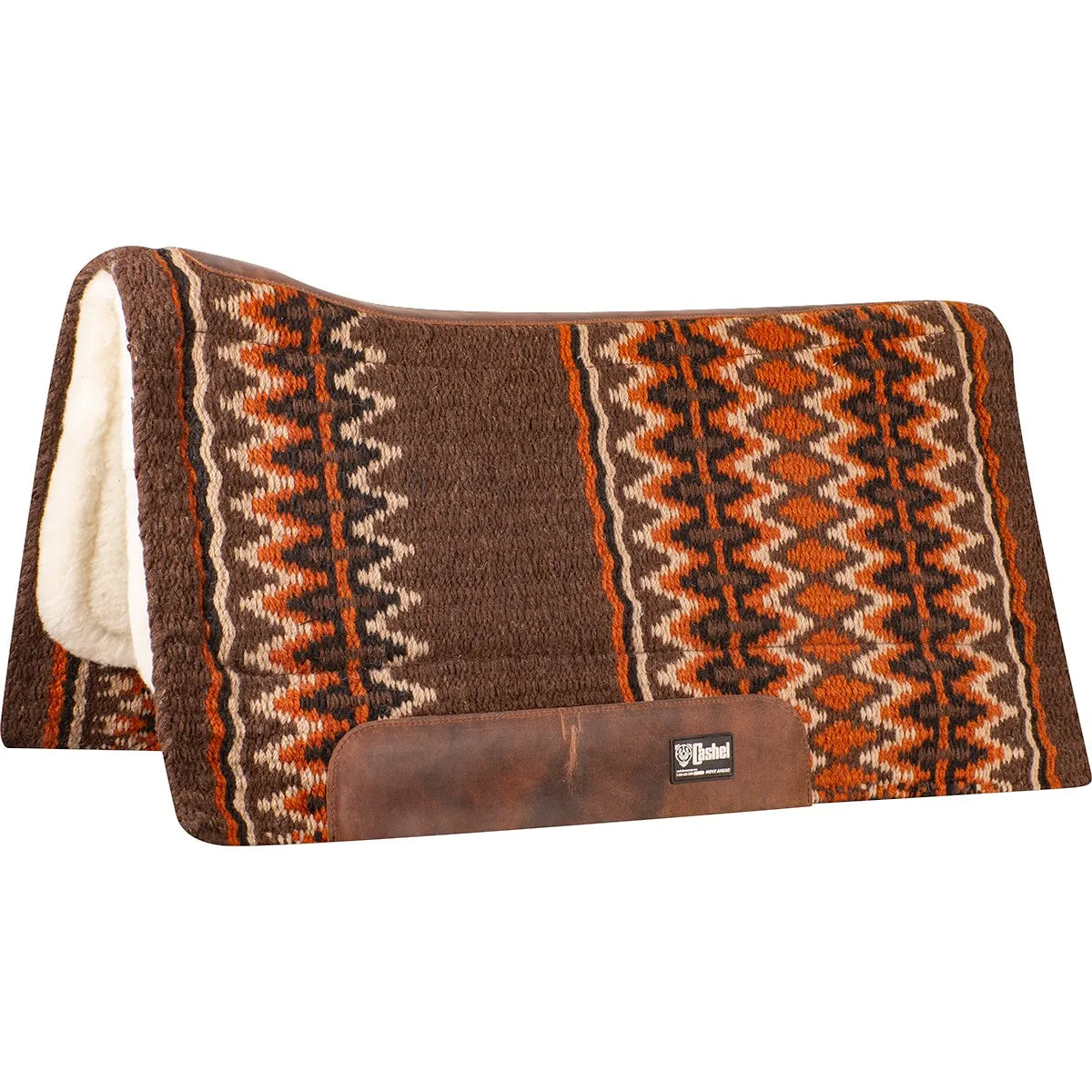 Cashel Performance Blanket Felt Pad (34x36) for western horses. This brown saddle pad features a vibrant orange and tan southwestern geometric pattern and a soft merino fleece lining for ultimate comfort. Designed with a contoured spine and durable leather wear leathers embossed with the Cashel logo, it's ideal for performance riding, trail, or ranch work. Combines the look of a premium wool horse blanket with the protection of a heavy-duty felt pad.