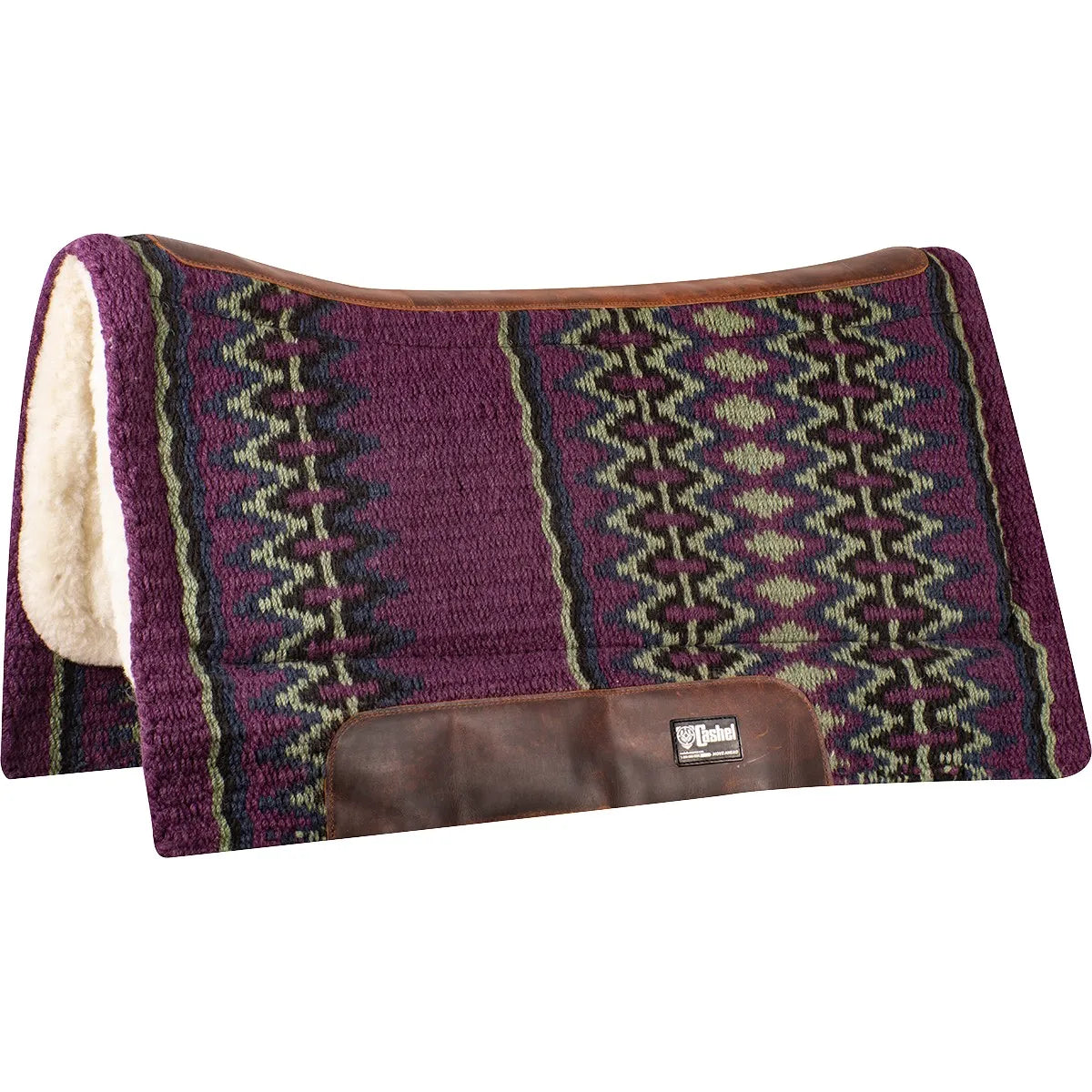 Cashel Performance Blanket Felt Pad (34x36) featuring a vibrant purple southwestern pattern and premium merino fleece lining for horse comfort and protection. This contoured western saddle pad includes durable brown leather wear leathers and a spine reinforcement for a secure fit. Ideal for trail riding or performance, this high-quality purple western pad blends traditional style with advanced impact protection.