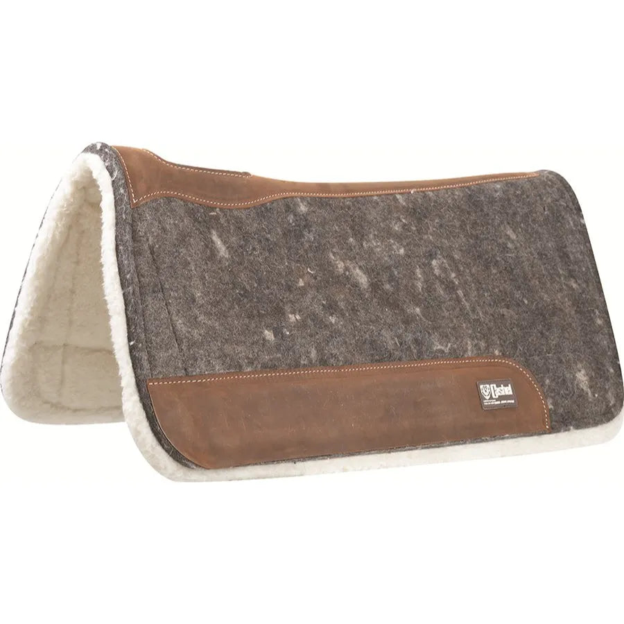 Cashel Performance 3/4 inch natural wool felt western saddle pad in charcoal grey with durable brown leather wear leathers and spine reinforcement. Lined with plush white fleece for moisture-wicking comfort and shock absorption. This high-quality 31x33 horse saddle pad offers superior protection and a contoured fit, perfect for performance riding and everyday equestrian use.