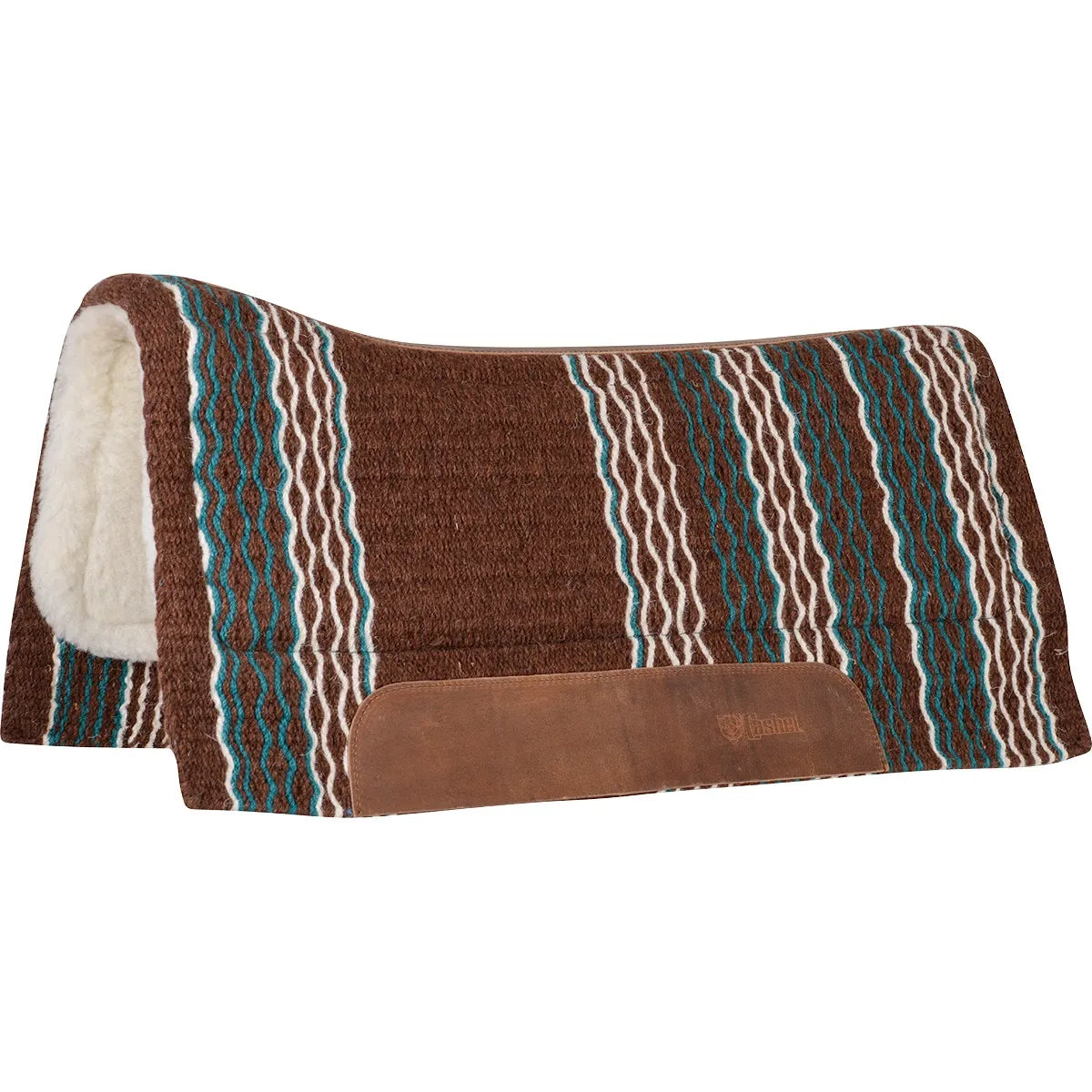 Cashel Performance Felt Pad 34x36 in brown with turquoise and white wavy stripes. This premium horse blanket pad features a moisture-wicking Merino fleece lining and durable leather wear leathers. Its contoured design offers superior shock absorption and comfort for western riding. Ideal for trail or show, this high-quality equestrian tack combines Southwestern style with professional performance.