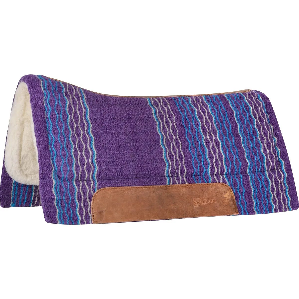 Cashel Performance Felt Pad 34x36 featuring a vibrant purple wool exterior with vertical wavy teal and light gray stripes. This western saddle blanket includes a plush off-white Merino fleece lining for horse comfort and durable tan leather wear leathers embossed with the Cashel logo. A stylish and functional horse riding gear choice for performance western riding and equestrian activities.