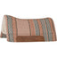 Cashel Performance Felt Pad 34x36 featuring a tan base with vibrant teal and rust orange wavy stripes. This western saddle pad includes a thick, plush merino fleece lining for comfort and moisture-wicking. Durable brown leather wear leathers protect the sides, while a contoured spine ensures a perfect fit. Ideal for western performance and trail riding, this stylish horse saddle blanket blends traditional aesthetics with modern protection.