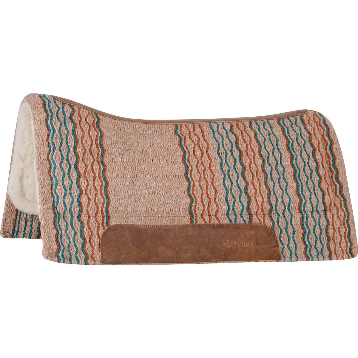 Cashel Performance Felt Pad 34x36 featuring a tan base with vibrant teal and rust orange wavy stripes. This western saddle pad includes a thick, plush merino fleece lining for comfort and moisture-wicking. Durable brown leather wear leathers protect the sides, while a contoured spine ensures a perfect fit. Ideal for western performance and trail riding, this stylish horse saddle blanket blends traditional aesthetics with modern protection.