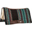 Cashel Performance Western Saddle Pad in a 34x36 size, featuring a vibrant teal, red, and black southwestern geometric pattern. This horse blanket includes a plush white merino fleece lining for maximum comfort and shock absorption, along with durable brown leather wear leathers and a contoured spine. Perfect for western performance and trail riding, this high-quality wool felt pad combines traditional style with modern equestrian functionality.