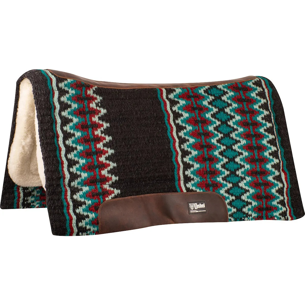 Cashel Performance Western Saddle Pad in a 34x36 size, featuring a vibrant teal, red, and black southwestern geometric pattern. This horse blanket includes a plush white merino fleece lining for maximum comfort and shock absorption, along with durable brown leather wear leathers and a contoured spine. Perfect for western performance and trail riding, this high-quality wool felt pad combines traditional style with modern equestrian functionality.