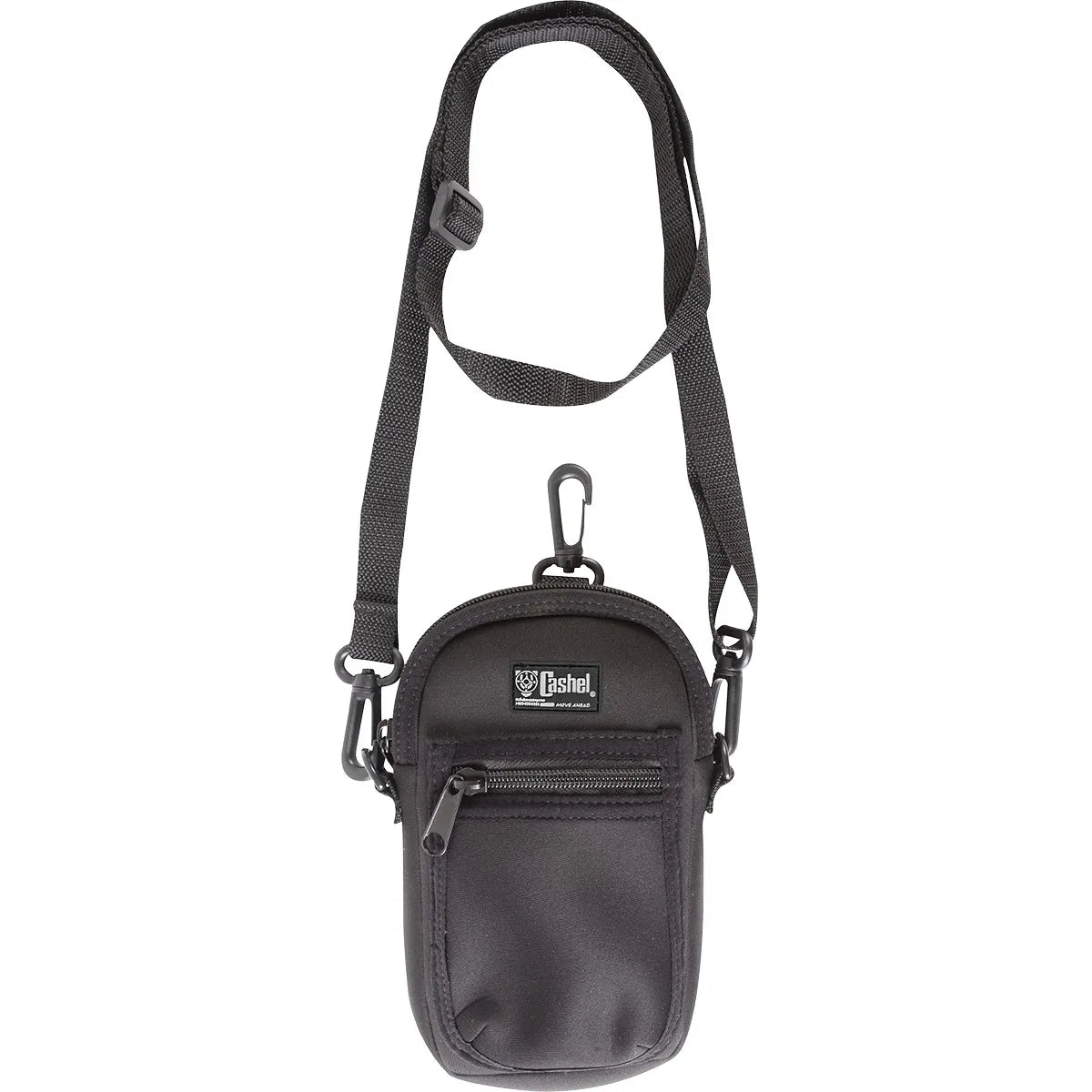 Cashel black neoprene phone holder for riders. Features a main zippered compartment, front zip pocket, and Cashel logo. Includes an adjustable, detachable shoulder strap and a top swivel clip for easy attachment to a saddle horn or belt loop. This versatile equestrian gear pouch keeps your smartphone secure while trail riding or working around the barn. Ride with Confidence & Stay Connected.