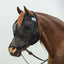 Cashel Quiet Ride Fly Mask in black mesh, shown on a chestnut horse. This equestrian gear provides insect protection for the eyes and nose while riding. Featuring sheer, lightweight mesh for clear visibility, it fits comfortably over a bridle with an earless design. Ideal for trail riding or schooling to shield against flies, gnats, and UV rays. A must-have horse accessory for a focused, bug-free ride.