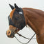 Cashel Quiet Ride Fly Mask with ears in black, shown on a chestnut horse wearing a bridle. This transparent mesh horse fly mask provides essential protection from flies and biting insects while riding or on the trail. Features include breathable mesh ear covers and a lightweight design that doesn't obstruct vision. Ideal equine gear for a comfortable, bug-free summer riding experience.