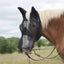 Cashel Quiet Ride Fly Mask in black shown on a chestnut horse with a blonde mane. This premium horse fly mask features ears and a long nose for full-face protection against biting insects while riding. The sheer, lightweight mesh provides excellent visibility and fits comfortably over a bridle. Ideal for trail riding and schooling, this durable equestrian gear ensures a distraction-free ride in a scenic outdoor setting.