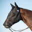 Cashel Quiet Ride Fly Mask in black mesh with ear and long nose protection on a bay horse. Designed to fit comfortably over a bridle for bug-free trail riding and schooling, this breathable mask offers full-face UV and insect protection without obstructing vision. Perfect for riders looking to keep their horse focused and comfortable in the saddle.