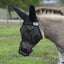 Cashel Quiet Ride Fly Mask in black mesh, expertly fitted on a donkey. This durable equine fly mask features long ear covers and a nose piece for full-face protection against biting insects and UV rays. Designed with breathable, lightweight mesh and a secure fit, it’s ideal for donkeys, mules, and trail riding. Ensure your equine friend stays comfortable and fly-free with this high-quality Cashel protective gear.