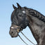 Cashel Quiet Ride Fly Mask in black worn by a black horse with a braided mane. This sheer, fine-mesh fly mask provides essential insect protection and UV defense without obstructing vision during rides. Designed to fit comfortably over a bridle, it is a must-have equestrian accessory for trail riding or training. Protect your horse’s eyes from flies and gnats while maintaining focus and comfort in the sun.