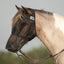 Cashel Quiet Ride Fly Mask featuring a fine black mesh design that protects your horse from flies and UV rays while riding. Shown on a spotted horse wearing a bridle, this nose-covering mask ensures a peaceful, focused ride by keeping pests away from sensitive eyes and muzzle. Lightweight, semi-transparent material allows for full visibility, making it essential equestrian gear for bug-free trail rides and schooling.