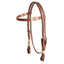 Cashel Rawhide Browband Headstall with Quick Change Bit Ends for Western riding. This rich brown leather horse headstall features elegant white contrast stitching and natural rawhide accents on the browband and cheeks. Designed for convenience and style, it includes quick-change bit ends for easy bit swaps. High-quality, durable Western tack perfect for trail riding, training, or ranch work.
