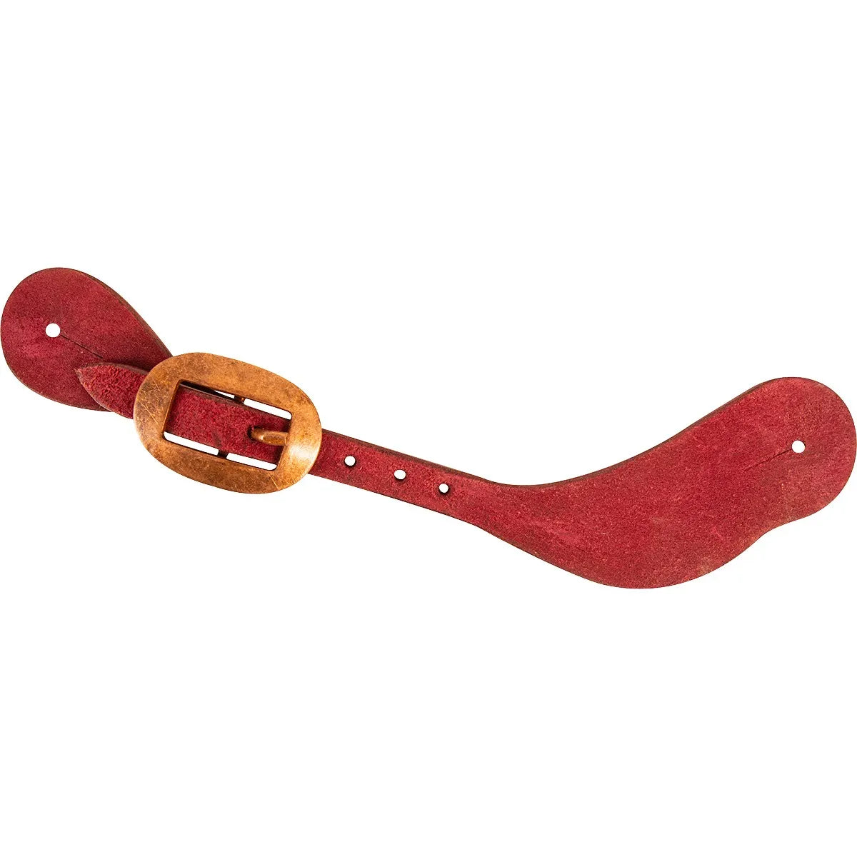 Cashel Roughout Latigo Leather Cowboy Spur Straps in a rich burgundy red. These western spur straps feature a textured roughout finish and a traditional antiqued copper-tone cart buckle. Designed for durability and classic western style, these equestrian accessories are perfect for horse riding and ranch work. The ergonomic curved shape fits comfortably over western boots, featuring pre-punched holes for easy adjustment. Perfect addition to any cowboy's tack collection.