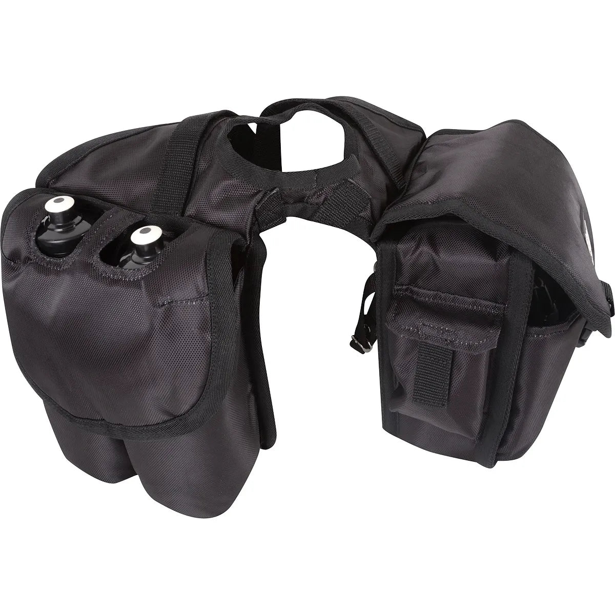 Cashel Medium Saddle Bag with Bottle Holder in durable black nylon equestrian gear. Features two insulated bottle holders on the left and a large storage compartment with a smaller exterior pocket on the right. Designed for horse trail riding, it fits securely over the saddle horn for easy access to hydration and essentials. Ideal for horseback riders seeking functional, high-quality horse tack for long outdoor adventures.