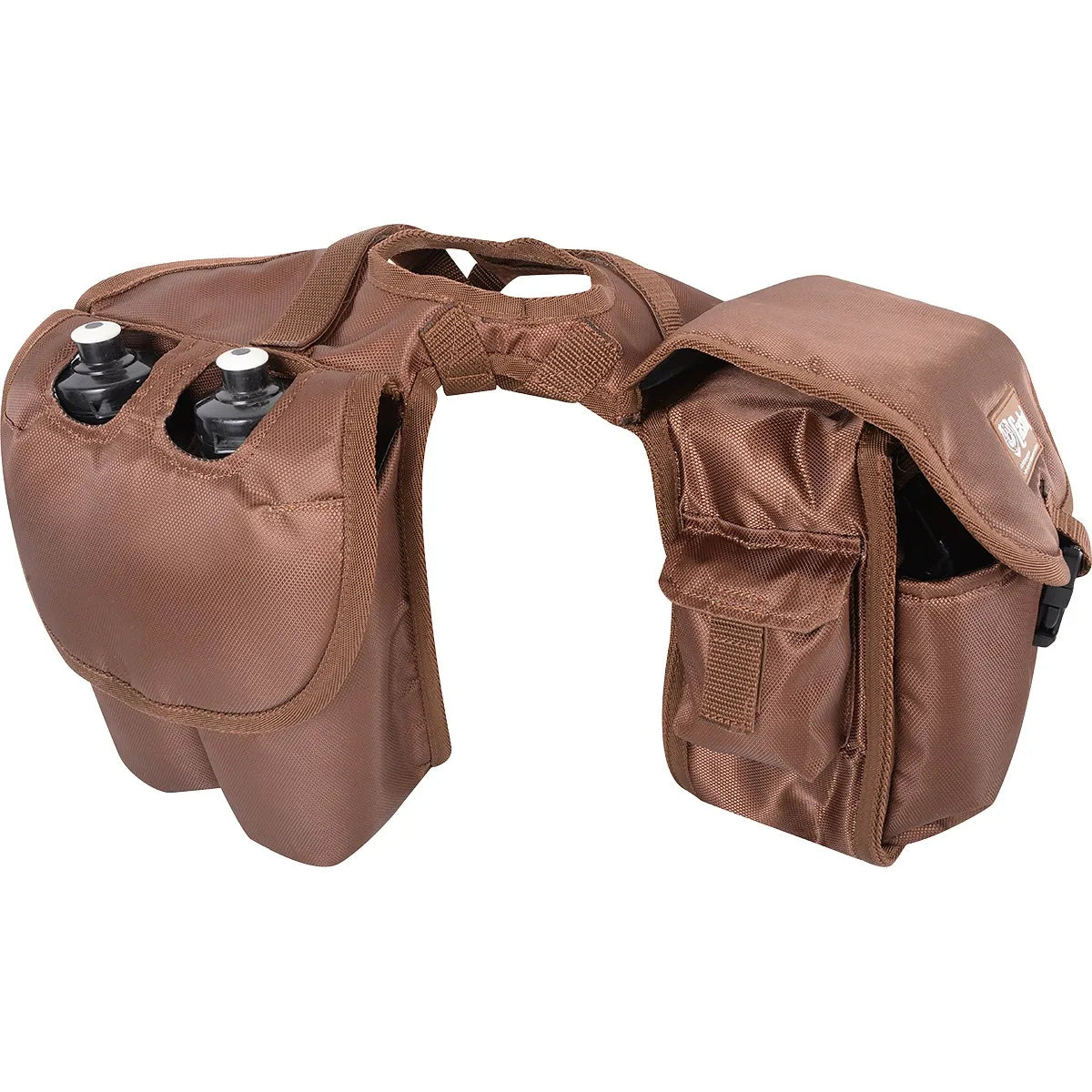 Cashel medium brown pommel saddle bag designed for equestrian trail riding. This durable nylon horn bag features two insulated water bottle pockets with bottles included and a spacious storage pouch with a secure flap. Specifically engineered to fit comfortably over a Western saddle horn, providing easy access to hydration and essentials while on horseback. Essential gear for horse enthusiasts and long-distance riders seeking high-quality horse tack accessories.