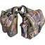 Cashel Medium Saddle Bag featuring a camouflage print and olive green trim. This durable equestrian gear includes two large storage pouches and two integrated water bottle holders with black bottles. Perfect for trail riding, it’s designed with heavy-duty nylon straps and secure plastic buckles. A must-have horse saddle accessory for long rides and equestrian camping, showcasing the Cashel logo for quality assurance.
