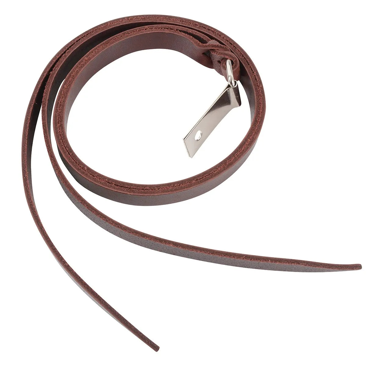 Cashel Premium Latigo Leather Saddle String in rich chocolate brown, featuring a durable silver metal attachment dee. This high-quality coiled leather strap is essential Western horse tack for securing gear to your saddle. Perfect for trail riding, ranch work, or as a replacement saddle tie, this premium leather accessory offers both strength and style for your equestrian equipment.