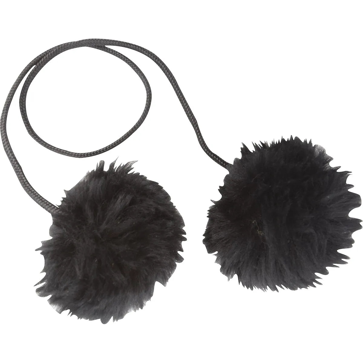 Cashel Black Sheepskin Ear Plugs for Horses. These soft, fluffy pom-pom style ear plugs are designed for noise reduction and equine comfort. Featuring a thin black safety cord for easy retrieval, they are perfect for calming sensitive horses during horse shows, travel, or loud events. High-quality sheepskin provides a natural, gentle feel, making these an essential equestrian accessory for a focused and quiet ride.