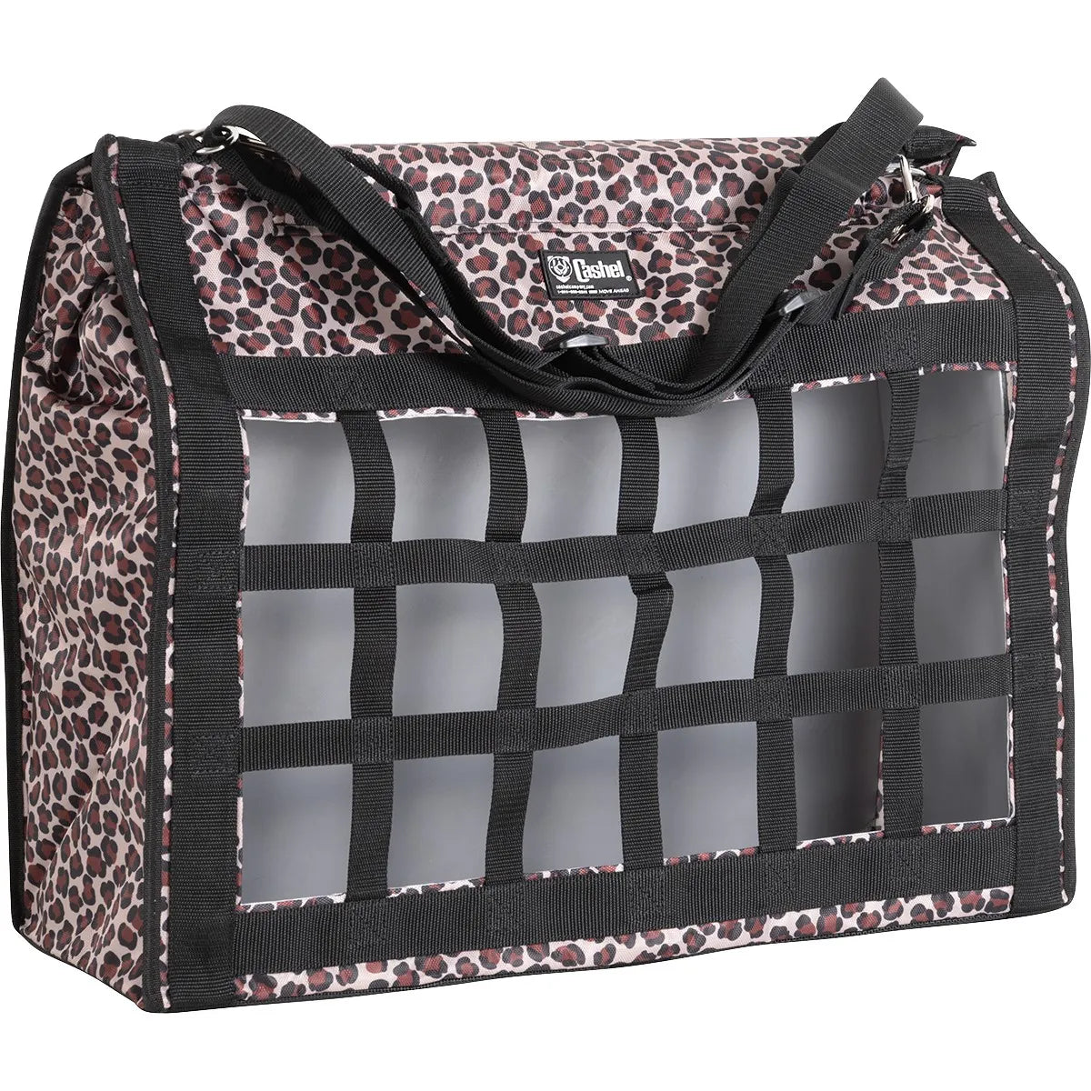 Cashel Slow Feed Top Load Hay Bag in a stylish brown leopard print. Designed to promote healthy digestion, this horse hay bag features a black nylon webbing grid on the front to slow consumption. It includes adjustable black straps with metal hardware for secure hanging in trailers or stalls. A chic and functional piece of leopard print horse gear, perfect for equestrians on the go.