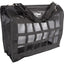 Cashel Slow Feed Top Load Hay Bag in black, a durable horse hay bag designed for slow feeding and horse well-being. Features a heavy-duty nylon construction with a wide webbing grid front to reduce hay waste. Includes adjustable top straps with metal snaps for easy mounting in horse trailers or stalls. The top-loading design makes filling simple, ensuring quality equestrian gear for stall feeding, travel, and promoting healthy equine digestion.