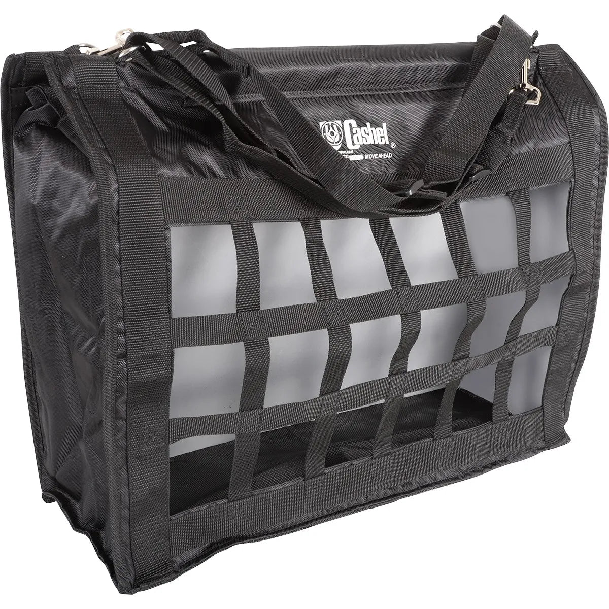 Cashel Slow Feed Top Load Hay Bag in black, a durable horse hay bag designed for slow feeding and horse well-being. Features a heavy-duty nylon construction with a wide webbing grid front to reduce hay waste. Includes adjustable top straps with metal snaps for easy mounting in horse trailers or stalls. The top-loading design makes filling simple, ensuring quality equestrian gear for stall feeding, travel, and promoting healthy equine digestion.