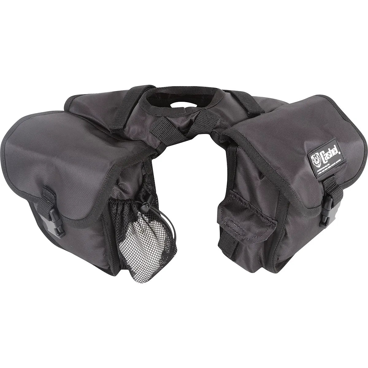 Black Cashel Small Horn Bag for western saddles, featuring two durable nylon pouches with secure buckle closures and mesh side pockets for quick access. Designed to fit snugly over a saddle horn, this rugged equestrian storage accessory is perfect for keeping trail riding essentials like water bottles and gear organized. High-quality horse riding tack ideal for long rides and daily use.