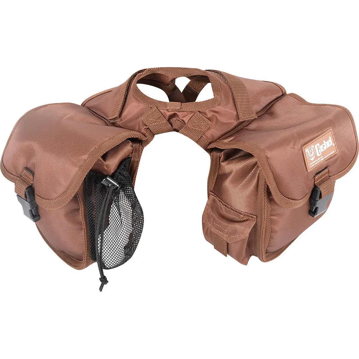 Cashel Small Horn Bag in brown, a compact and durable saddle storage solution for equestrians. This high-quality horse gear features two secure compartments with quick-access buckle closures, a mesh water bottle holder, and adjustable straps designed to fit over western saddle horns. Ideal for trail riding or ranch work, this rugged brown nylon horn bag keeps your riding essentials organized and accessible on every horse riding adventure.